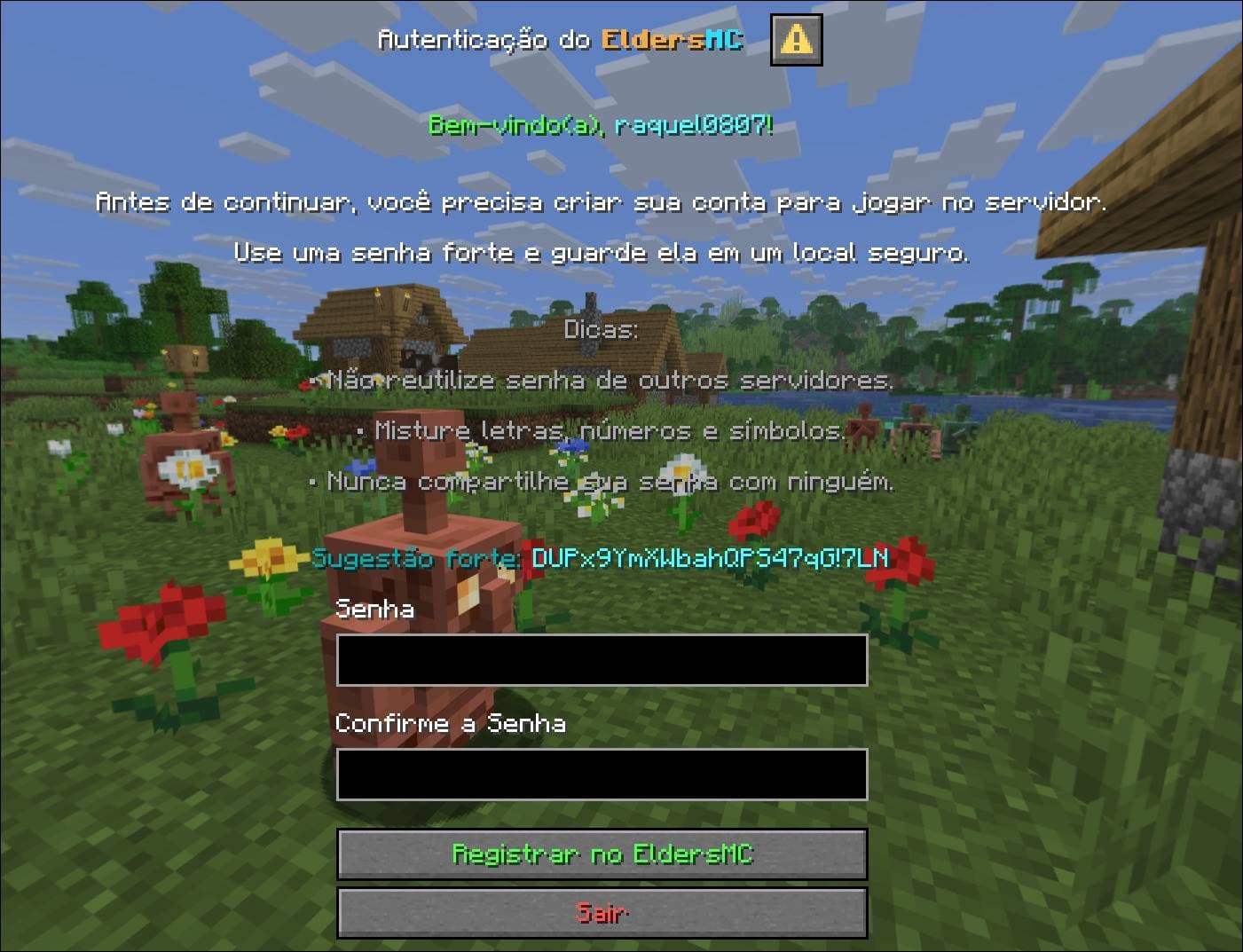 Tela de registro do EldersMC com campos de senha e botão Registrar no EldersMC