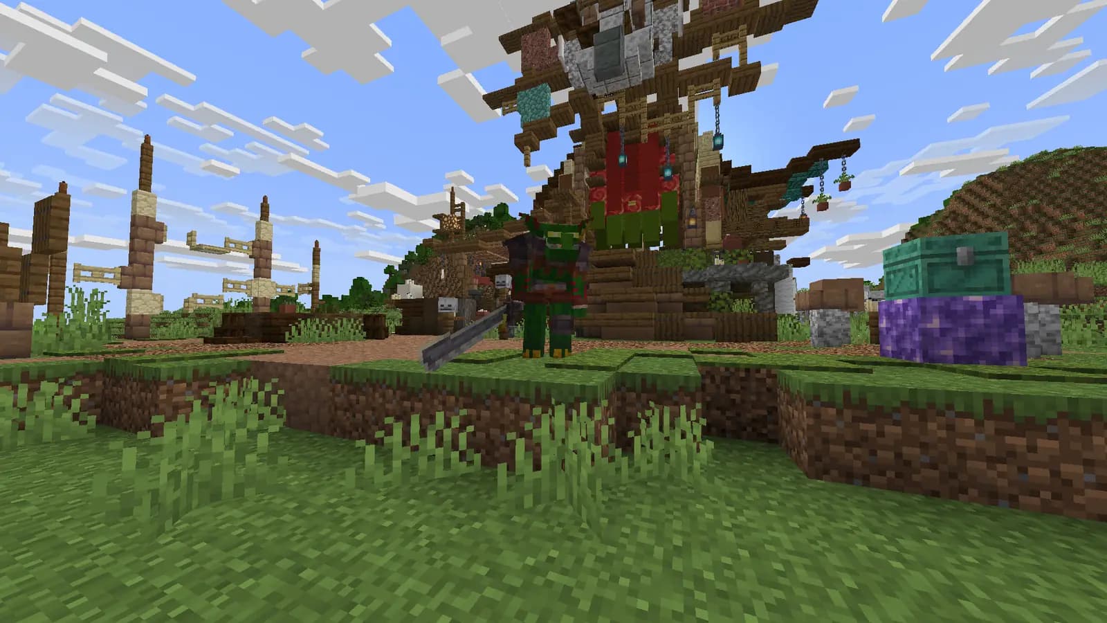 Jogador com armadura verde em frente à árvore gigante do servidor EldersMC