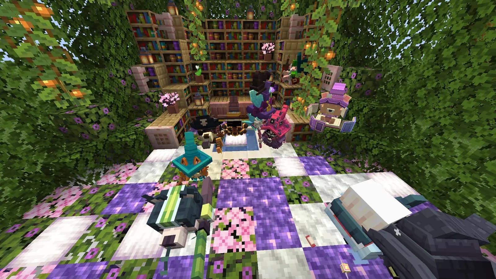Pets e companheiros ao redor da mesa de encantamento da EldersMC
